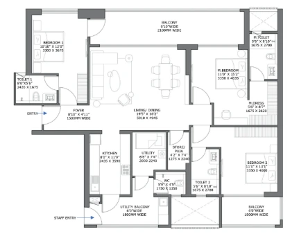 Birla Pravaah 3 BHK + Utility (3.5 BHK) unit plan, RERA carpet area 1,299.53 sq.ft., Towers A, B and C