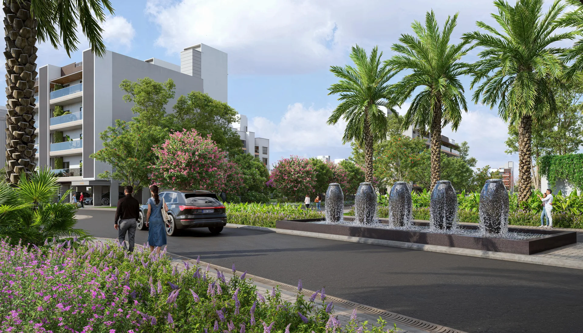 Avik at Birla Navya entrance fountain and driveway – artist's impression