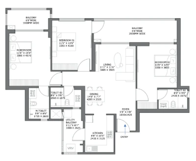Birla Pravaah 3 BHK unit plan, RERA carpet area 1,058.54 sq.ft., Towers D and E