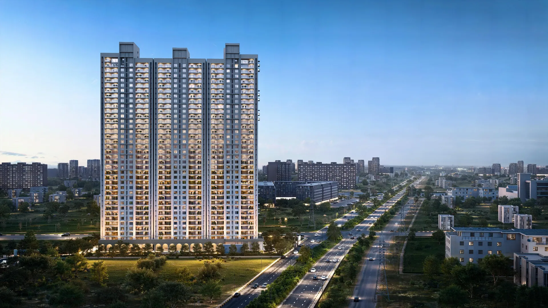 Birla Pravaah tower elevation at dusk on Southern Peripheral Road
