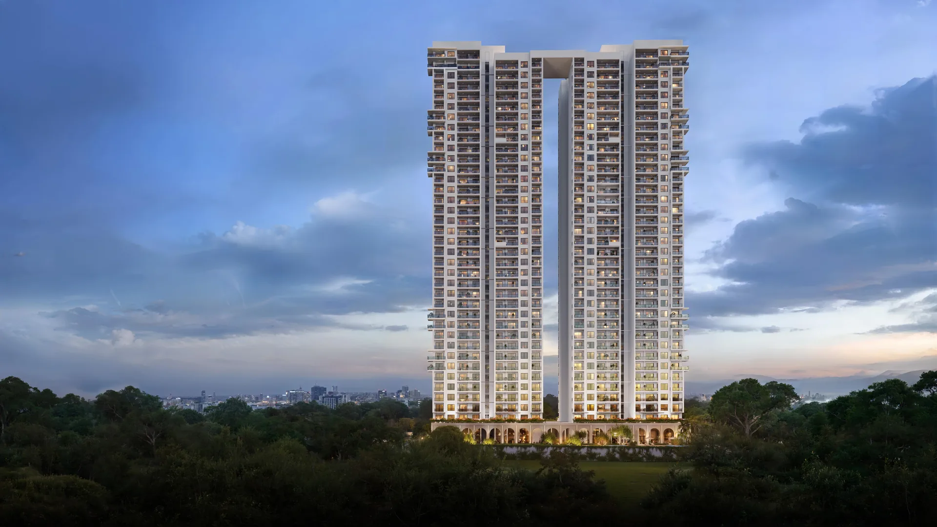 Birla Pravaah twin towers lit at night – artist's impression